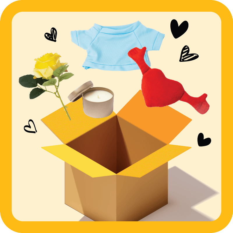 Personlise your care package by adding a yellow rose a heart hug extension candle and a t-shirt